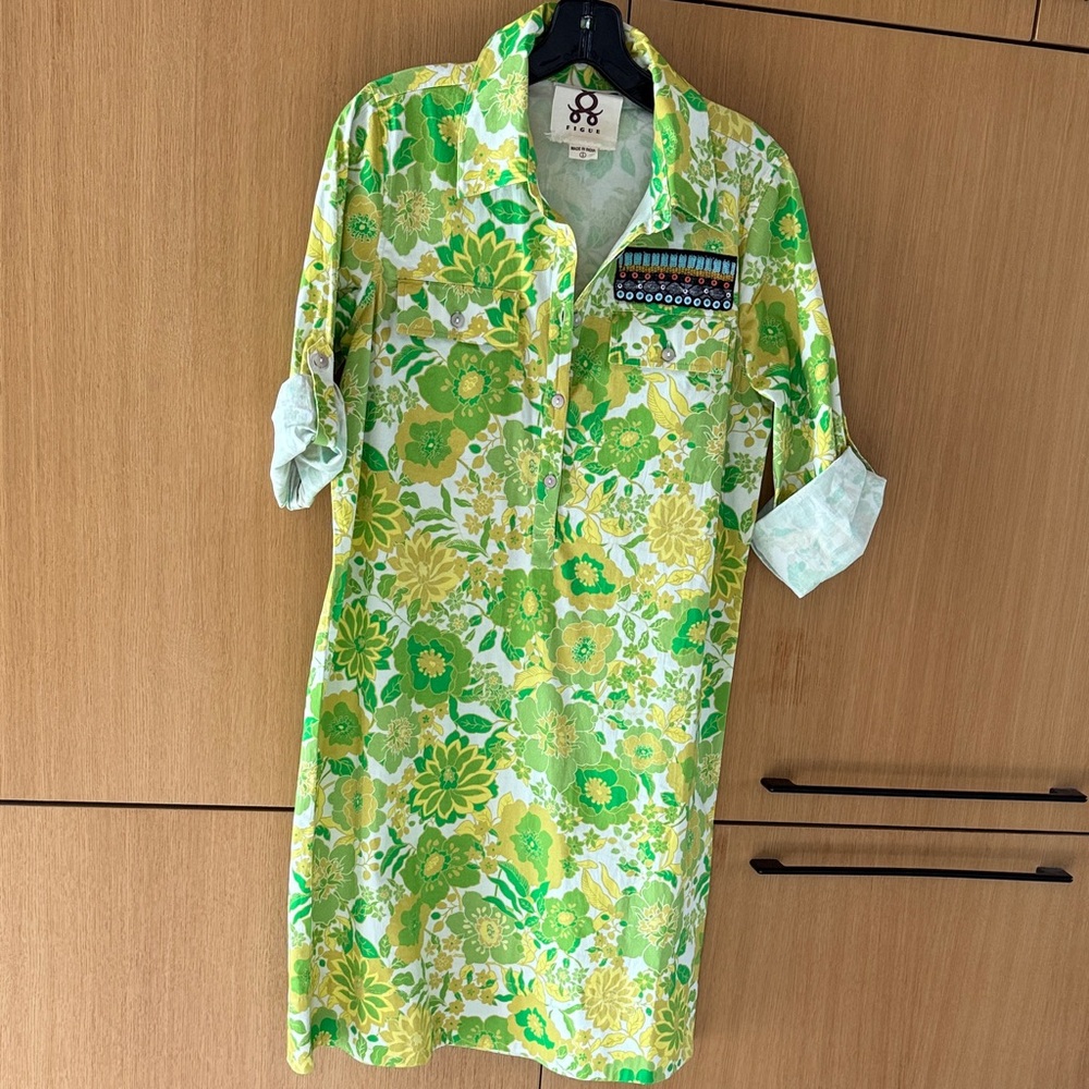 Figue Dress W/ Beaded Badge Green/ Yellow Colors Retro Floral Print Size Small